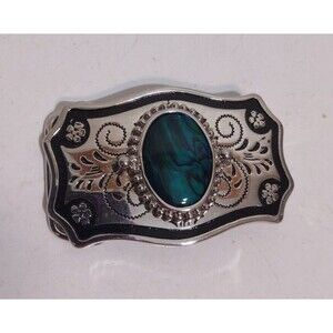 USA Made Silvertone Floral Belt Buckle Western Nice Green Faux Stone